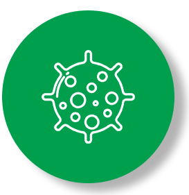 A green button with an image of a virus.